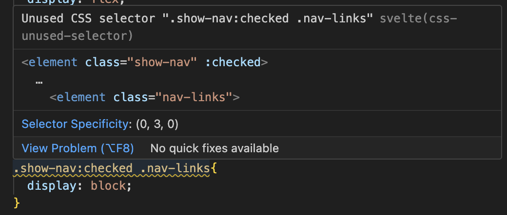 A screenshot of VSCode with the above code showing a warning that reads 'Unused CSS Selector: .show-nav:checked .nav-links'